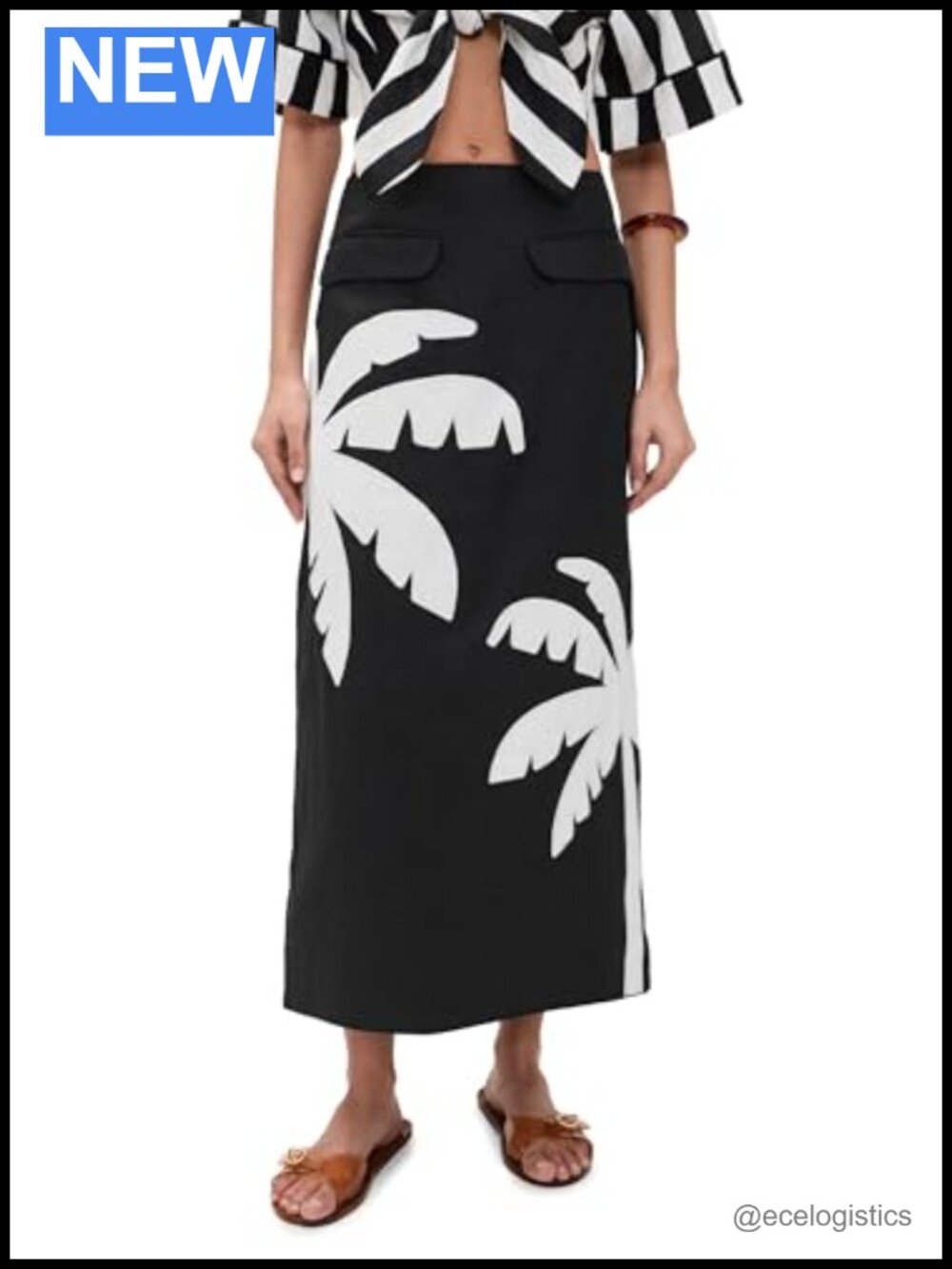 Linen High Rise Maxi Skirt with Palm Tree Applique and Pockets